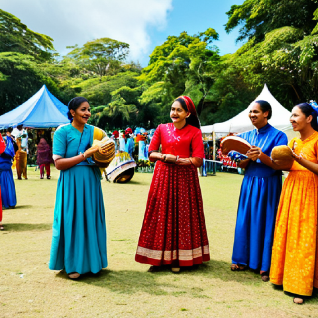 A group of diverse Mauritian adults, representing various ethnic backgrounds including Indian, Creole, Chinese, and European, engaging in joyful interaction at a vibrant outdoor cultural festival. They are fully clothed in modest, family-friendly attire, incorporating a mix of contemporary and respectful traditional elements. The scene is bustling with activity, featuring colorful decorations, traditional music instruments in the background, and a warm, inviting atmosphere under a clear sky.
    *   Quality markers: Professional photography, capturing authentic expressions, high-resolution, sharp focus, natural lighting, perfect anatomy, correct proportions, natural pose, well-formed hands, proper finger count, natural body proportions.
    *   Safety terms: safe for work, appropriate content, fully clothed, modest clothing, family-friendly.