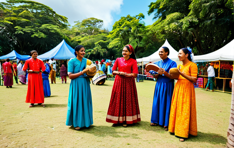 A group of diverse Mauritian adults, representing various ethnic backgrounds including Indian, Creole, Chinese, and European, engaging in joyful interaction at a vibrant outdoor cultural festival. They are fully clothed in modest, family-friendly attire, incorporating a mix of contemporary and respectful traditional elements. The scene is bustling with activity, featuring colorful decorations, traditional music instruments in the background, and a warm, inviting atmosphere under a clear sky.
    *   Quality markers: Professional photography, capturing authentic expressions, high-resolution, sharp focus, natural lighting, perfect anatomy, correct proportions, natural pose, well-formed hands, proper finger count, natural body proportions.
    *   Safety terms: safe for work, appropriate content, fully clothed, modest clothing, family-friendly.