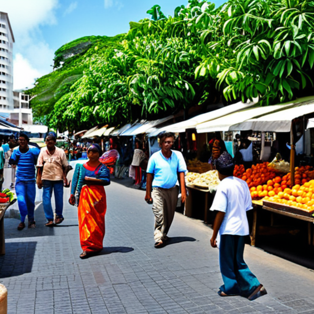 **

"A bustling marketplace in Port Louis, Mauritius. Vendors in modest clothing sell local crafts and produce. In the background, modern office buildings suggest emerging industries. Fully clothed individuals are engaged in commerce. Safe for work, appropriate content, professional setting, perfect anatomy, natural proportions, bright and vibrant colors, family-friendly."

**