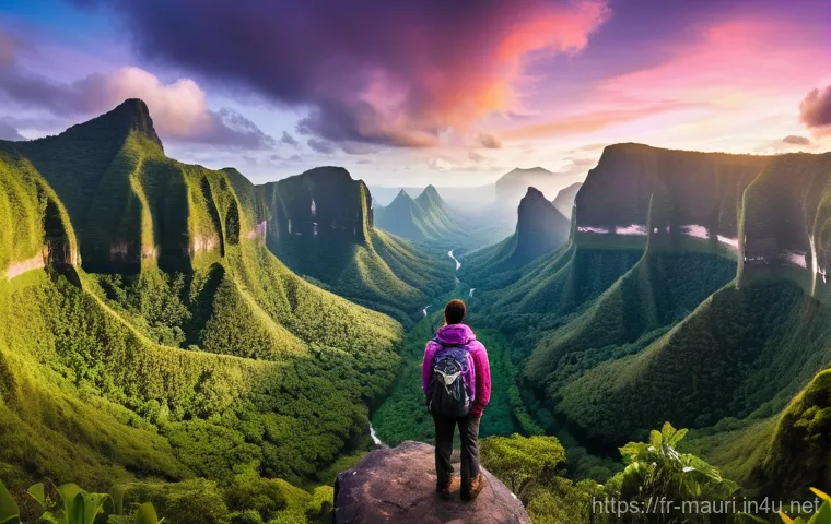 모리셔스 흑강 협곡 국립공원 - **Prompt:** A breathtaking wide-angle panorama of the Black River Gorges National Park in Mauritius ...