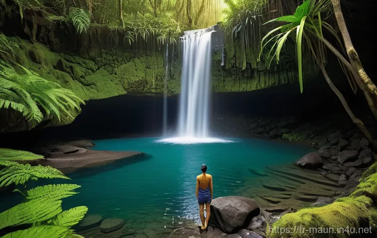 모리셔스 흑강 협곡 국립공원 - **Prompt:** An immersive close-up view of a vibrant, lush tropical forest trail within Black River G...