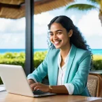 모리셔스 노동 시장 트렌드 - **Prompt:** A young Mauritian female professional in her late 20s, with a radiant smile, is confiden...