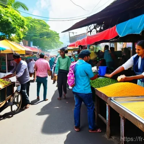 모리셔스 여행자 사기 유형 - **Vibrant Mauritian Street Food Market Scene:**
    A bustling and colorful street food market in Ma...