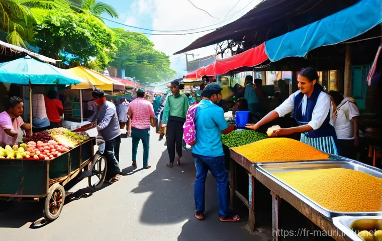 모리셔스 여행자 사기 유형 - **Vibrant Mauritian Street Food Market Scene:**
    A bustling and colorful street food market in Ma...