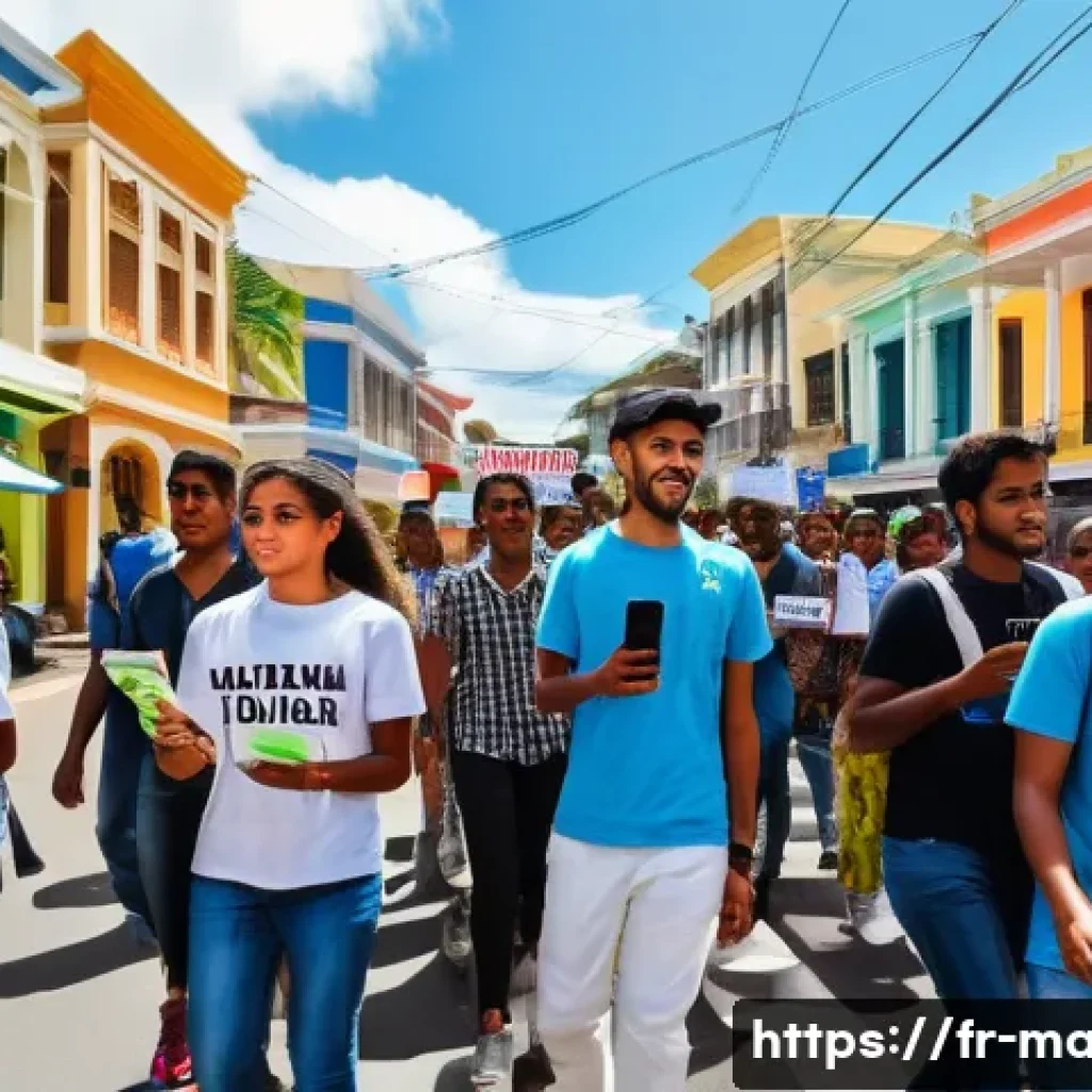 모리셔스 로컬 정치 현황 - A vibrant street scene in a small Mauritian town during a peaceful political demonstration led by yo...