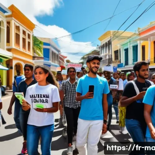 모리셔스 로컬 정치 현황 - A vibrant street scene in a small Mauritian town during a peaceful political demonstration led by yo...
