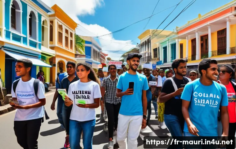 모리셔스 로컬 정치 현황 - A vibrant street scene in a small Mauritian town during a peaceful political demonstration led by yo...
