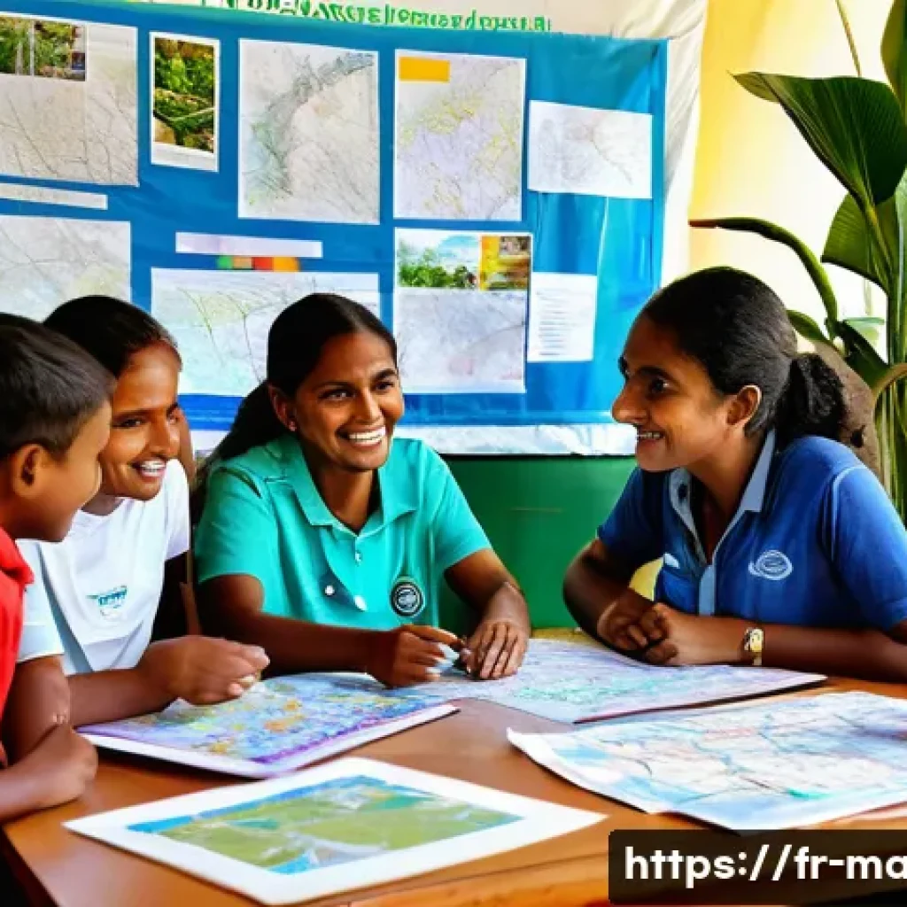 모리셔스 NGO 활동 - A vibrant community workshop scene in a diverse urban neighborhood in Mauritius, showing families in...