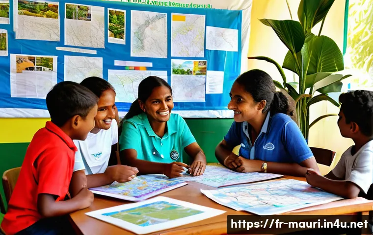 모리셔스 NGO 활동 - A vibrant community workshop scene in a diverse urban neighborhood in Mauritius, showing families in...