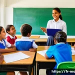 모리셔스 교육 제도 - A vibrant multicultural classroom scene in Mauritius featuring young students aged 6-11 engaged in a...