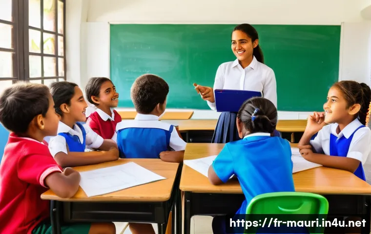 모리셔스 교육 제도 - A vibrant multicultural classroom scene in Mauritius featuring young students aged 6-11 engaged in a...