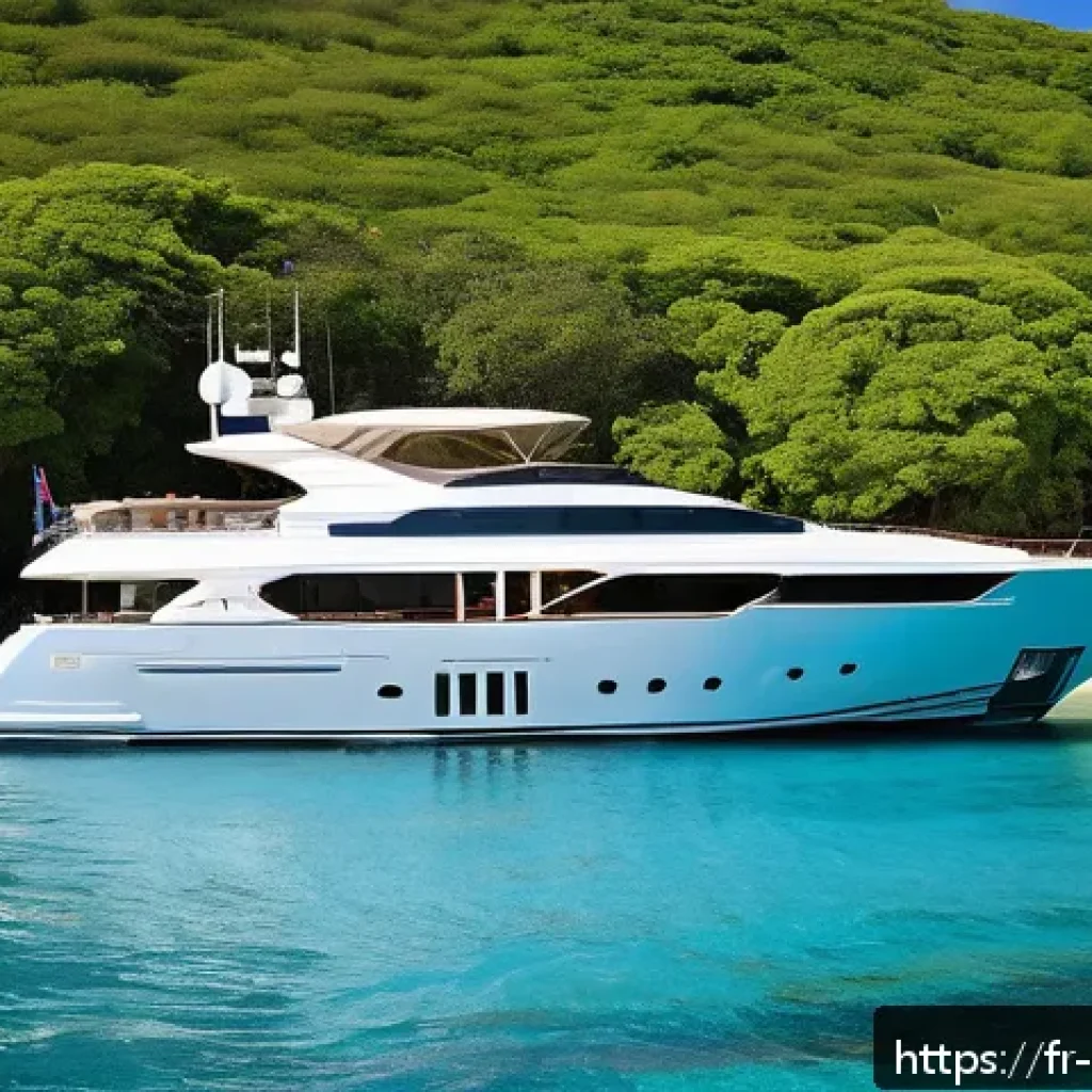 모리셔스 요트 체험 - A luxurious motor yacht anchored near a pristine, secluded beach in Mauritius at sunset, featuring s...