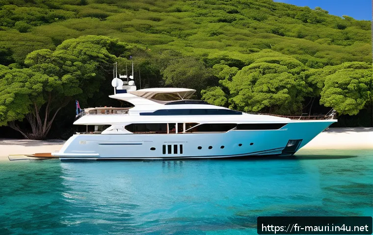 모리셔스 요트 체험 - A luxurious motor yacht anchored near a pristine, secluded beach in Mauritius at sunset, featuring s...