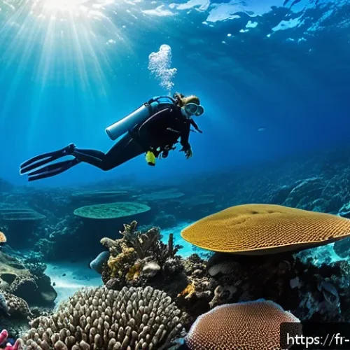모리셔스 환경 보호 정책 - A vibrant underwater scene showcasing the regeneration of coral reefs near Mauritius, teeming with c...