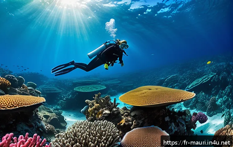 모리셔스 환경 보호 정책 - A vibrant underwater scene showcasing the regeneration of coral reefs near Mauritius, teeming with c...