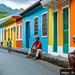 Home 18 모리셔스 크리올어 - A vibrant street scene in Mauritius showing a diverse group of people joyfully conversing in Mauriti...