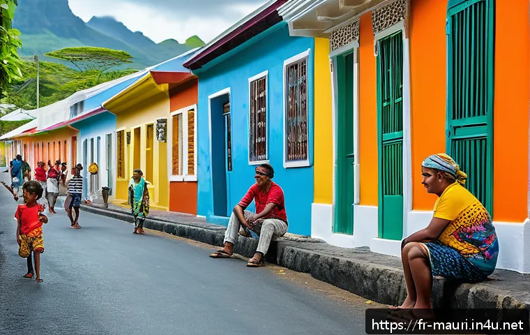 모리셔스 크리올어 - A vibrant street scene in Mauritius showing a diverse group of people joyfully conversing in Mauriti...