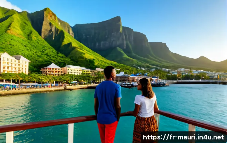 Home 17 모리셔스 포트루이스 관광 - Photorealistic panoramic view of Port Louis, Mauritius from the waterfront at golden hour, colorful ...